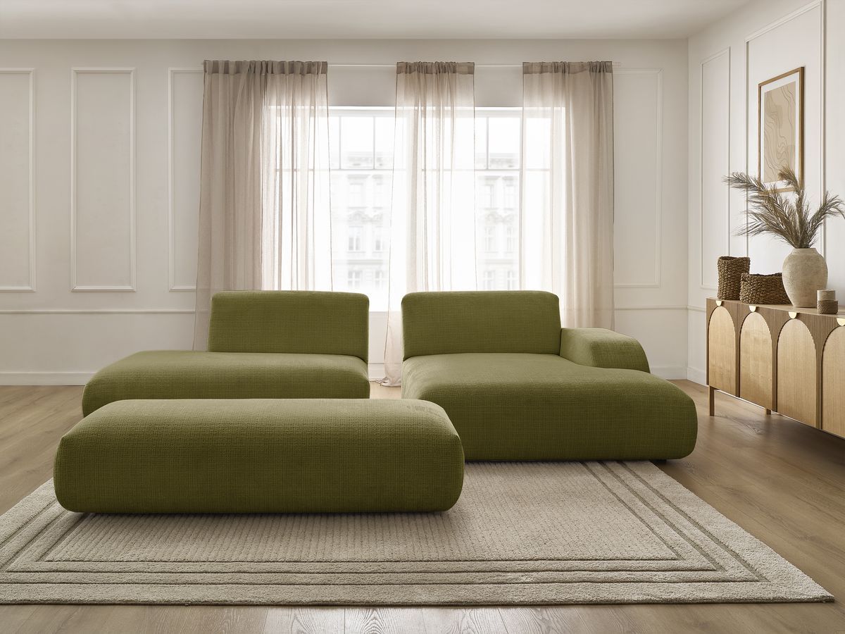 Bobochic Sirius Ecksofa mit Pouf 300 × 170 cm Strukturstoff Grün Ecke rechts