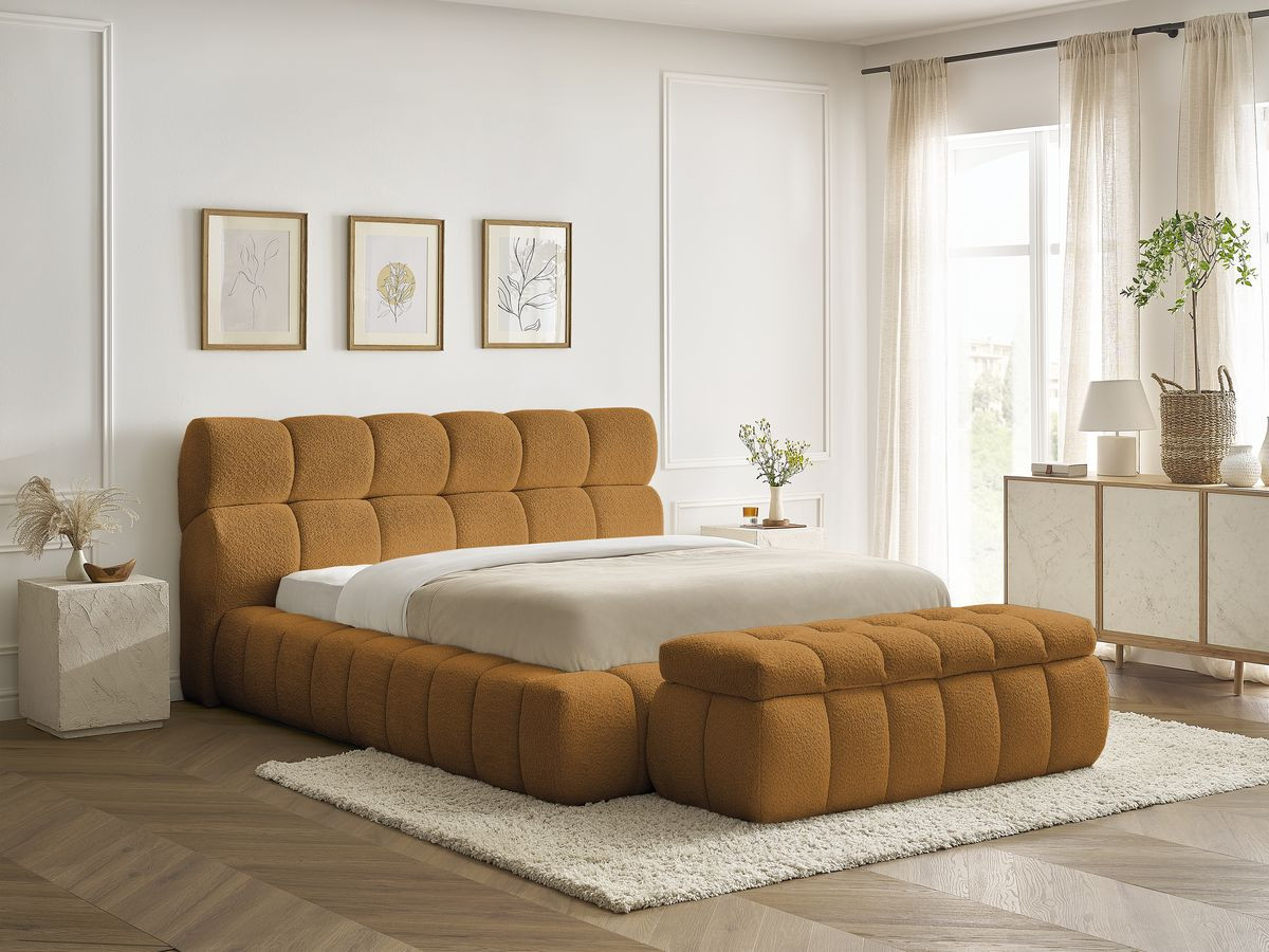 Bobochic Mont-blanc Polsterbett mit Bettkasten mit Bettbank Bouclé-Stoff Gelb, Liegefläche 160 × 200 cm