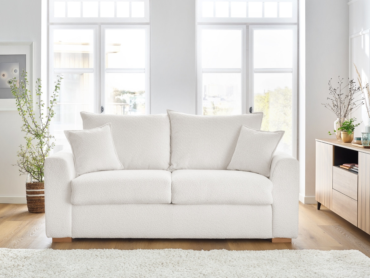 Bobochic Augustin Schlafsofa 3-Sitzer Bouclé-Stoff Weiß, Liegefläche 140 × 200 cm