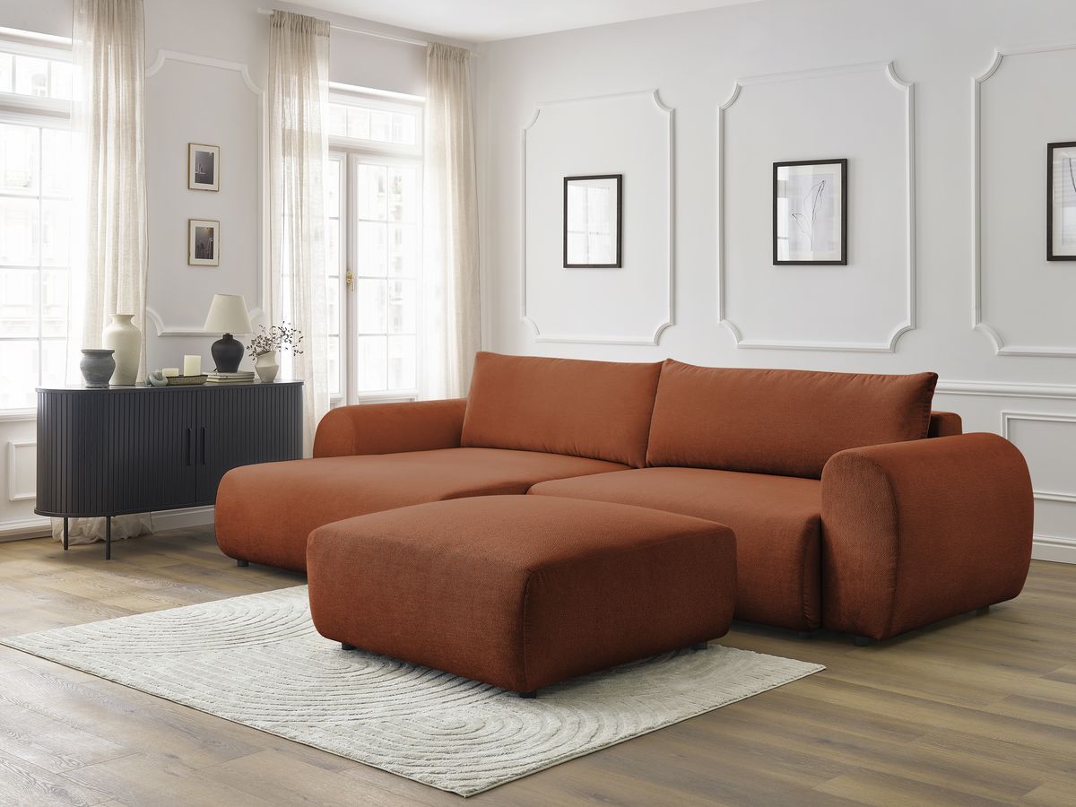 Bobochic Lucien Ecksofa mit Schlaffunktion und Bettkasten und Pouf 314 × 167 cm Stoff Orange Ecke links