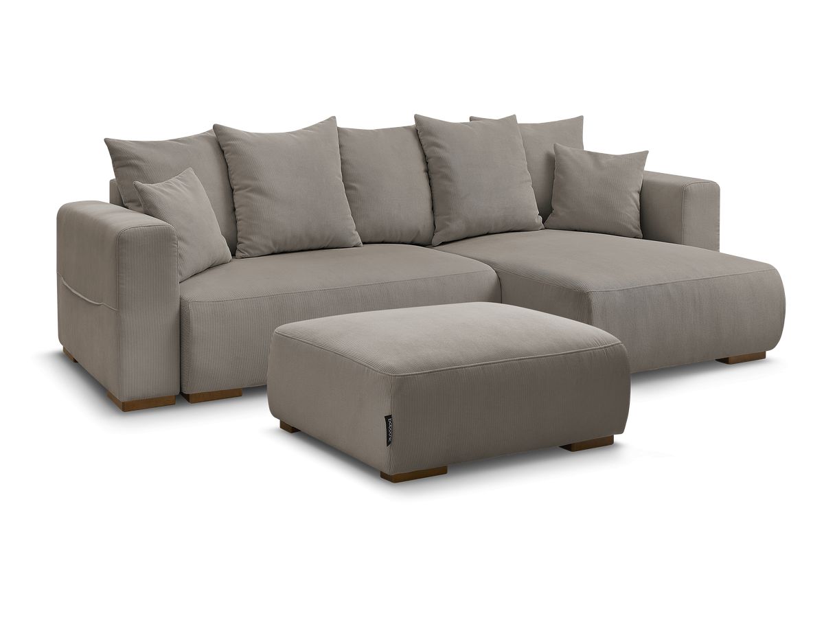 Bobochic Sidonie Ecksofa mit Schlaffunktion und Bettkasten und Pouf Cordsamt Taupe