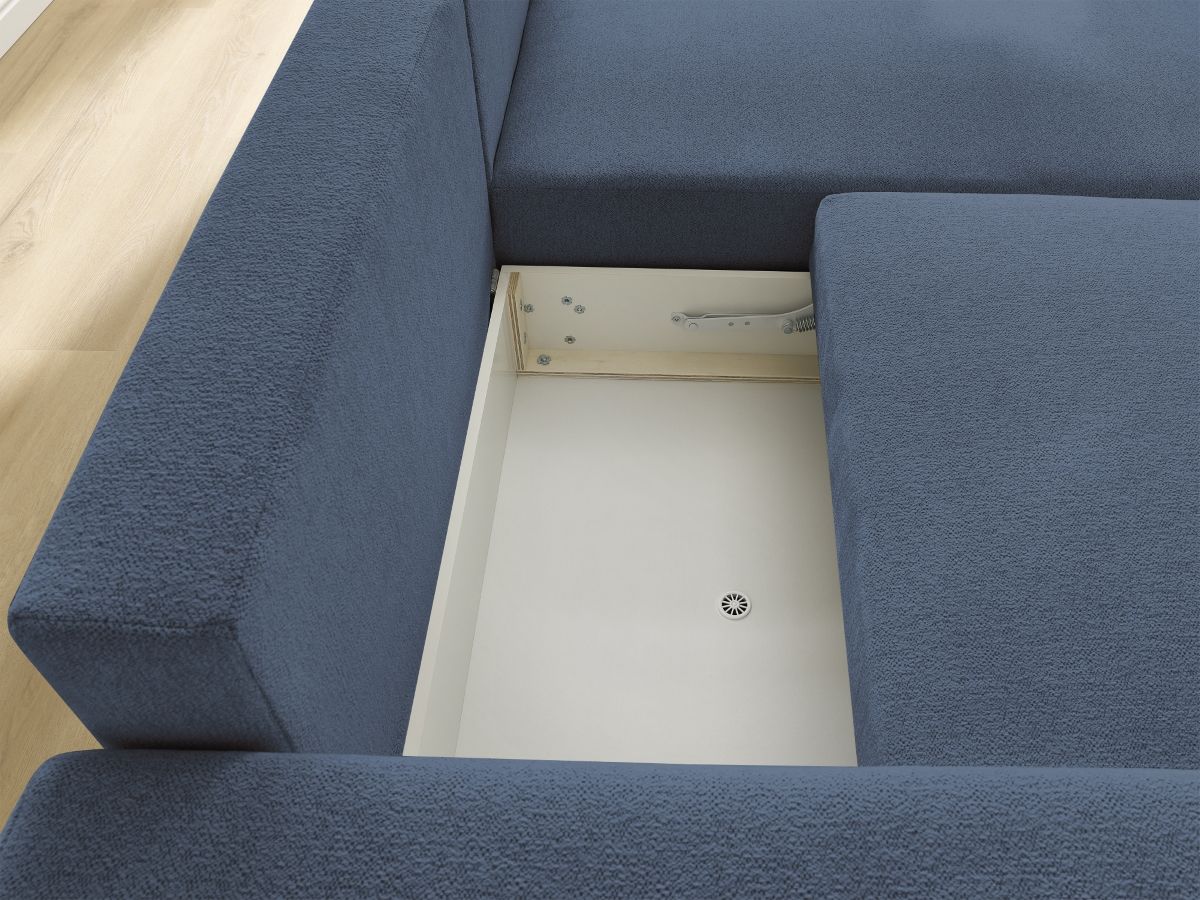 Bobochic Atilla Ecksofa mit Schlaffunktion und Bettkasten Melange-Stoff Blau Ecke rechts
