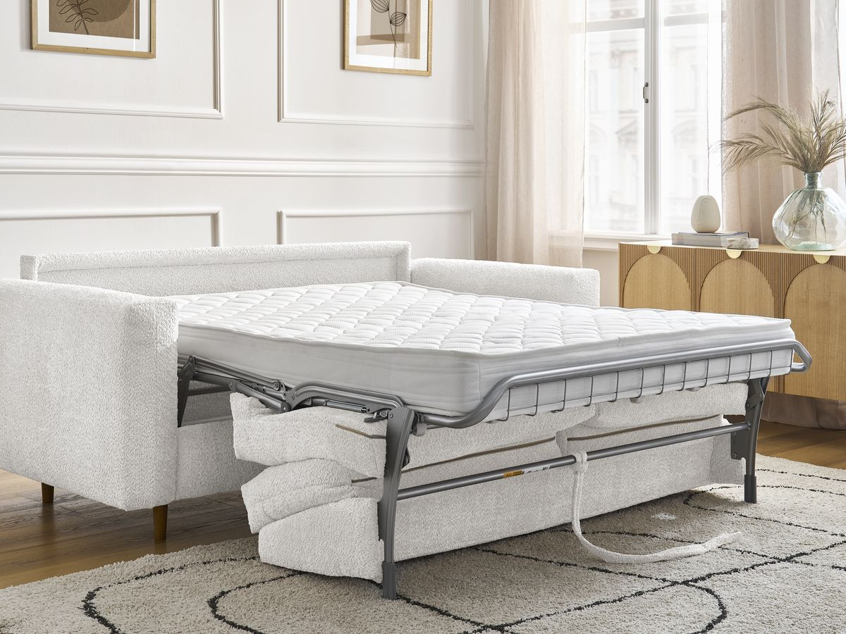 Bobochic Cocoone Schlafsofa 3-Sitzer Bouclé-Stoff Weiß, Liegefläche 160 × 200 cm