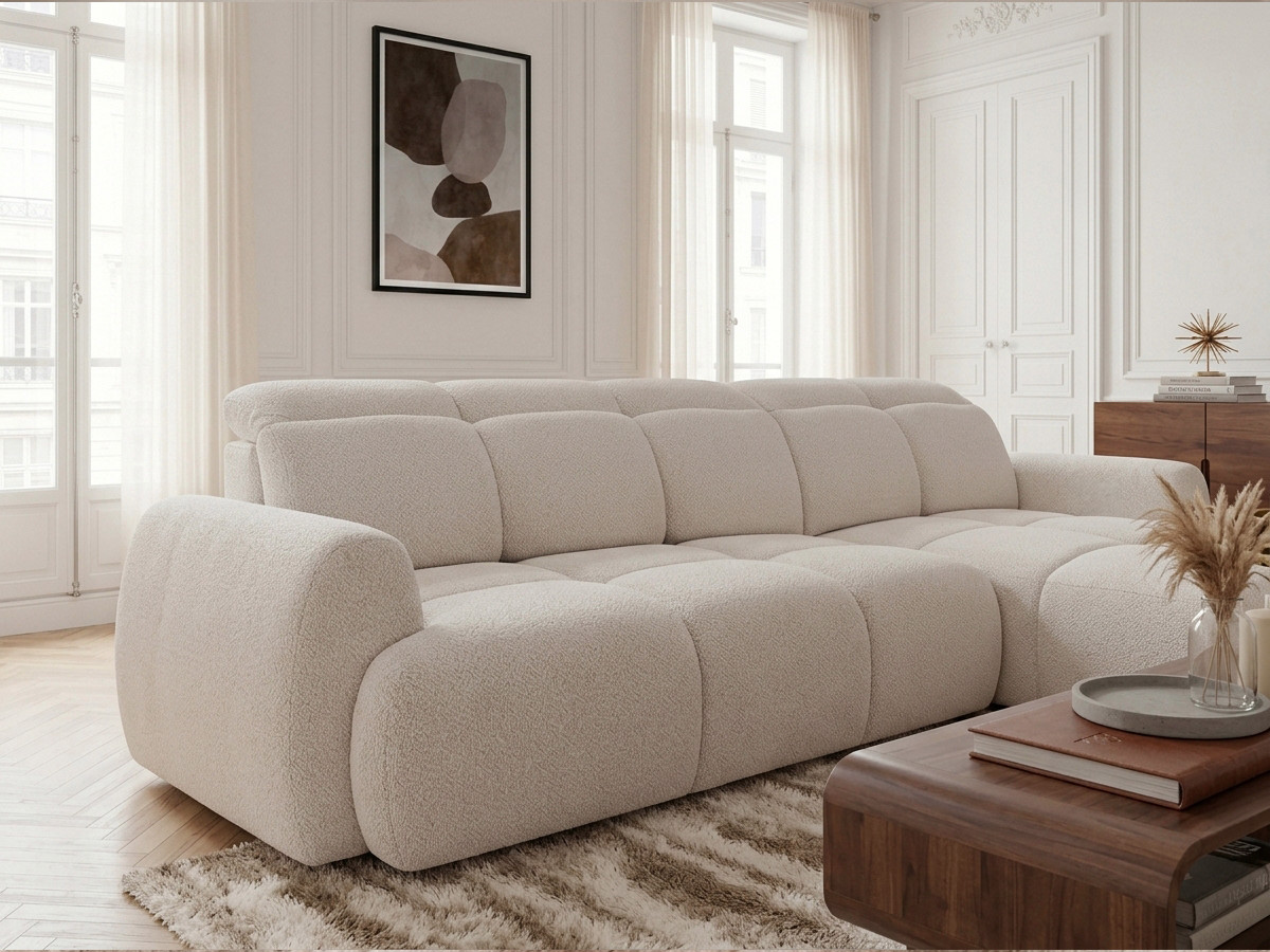 Bobochic Ruby Ecksofa mit Schlaffunktion und Bettkasten Chenille Beige Ecke rechts