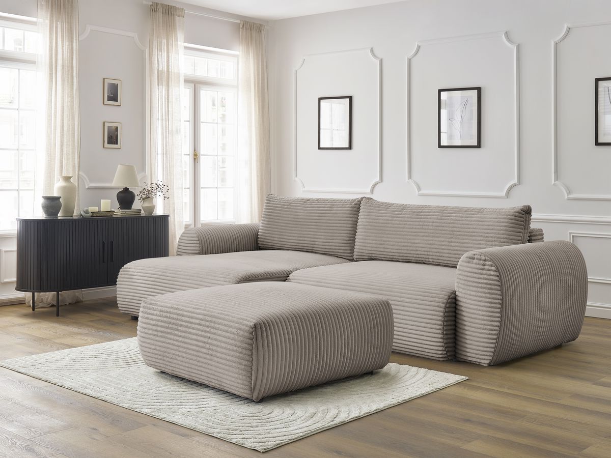 Bobochic Lucien Ecksofa mit Schlaffunktion und Bettkasten und Pouf 314 × 167 cm Breitcord weich Taupe Ecke links