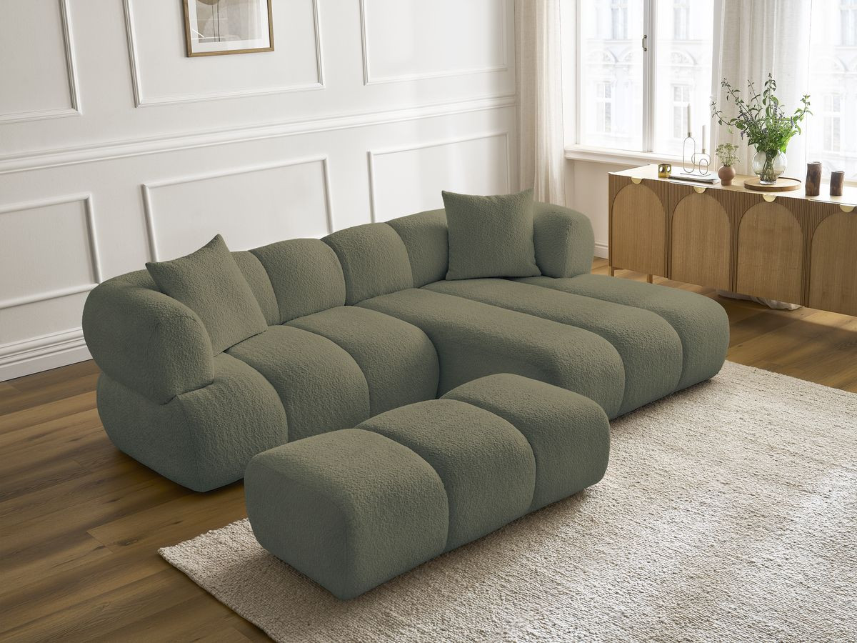 Bobochic Pamira Ecksofa mit Pouf Bouclé-Stoff Grün Ecke rechts