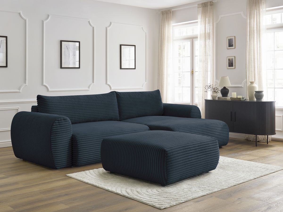 Bobochic Lucien Ecksofa mit Schlaffunktion und Bettkasten und Pouf 314 × 167 cm Breitcord weich Dunkelblau Ecke rechts