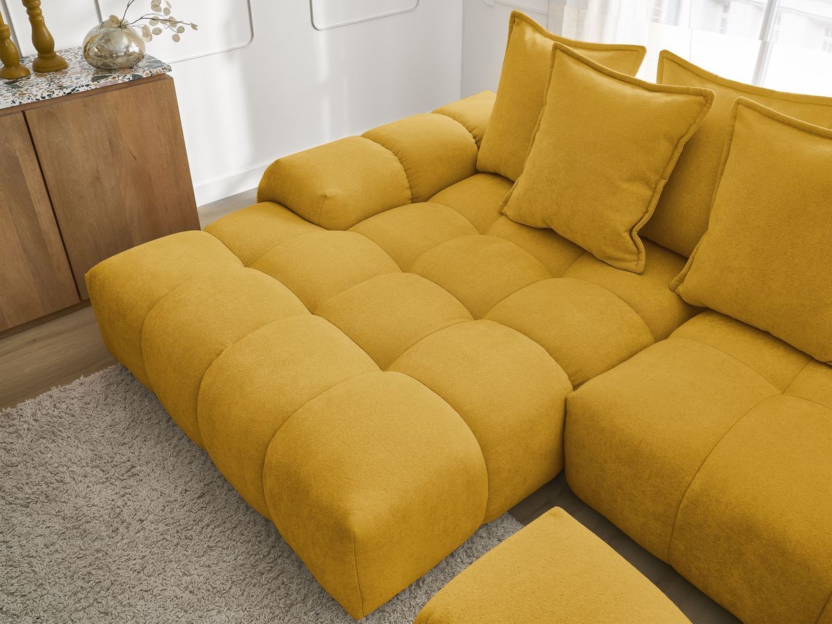 Bobochic Everest Ecksofa mit Schlaffunktion und Bettkasten und Pouf 318 × 180 cm, 7 Kissen Strukturstoff Gelb Ecke links