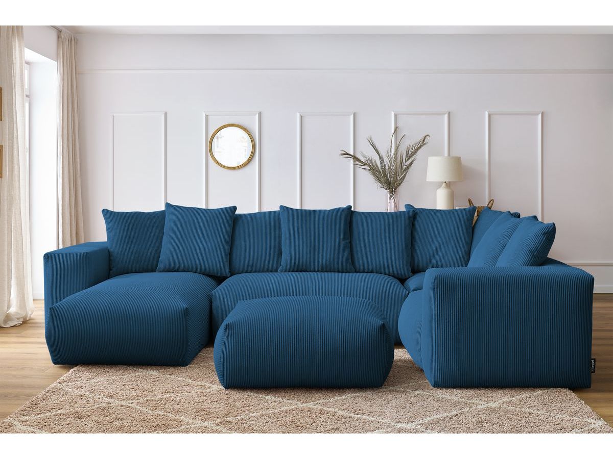 Bobochic Voltaire Wohnlandschaft mit Pouf 356 × 214 cm Cordsamt Dunkelblau Ecke links