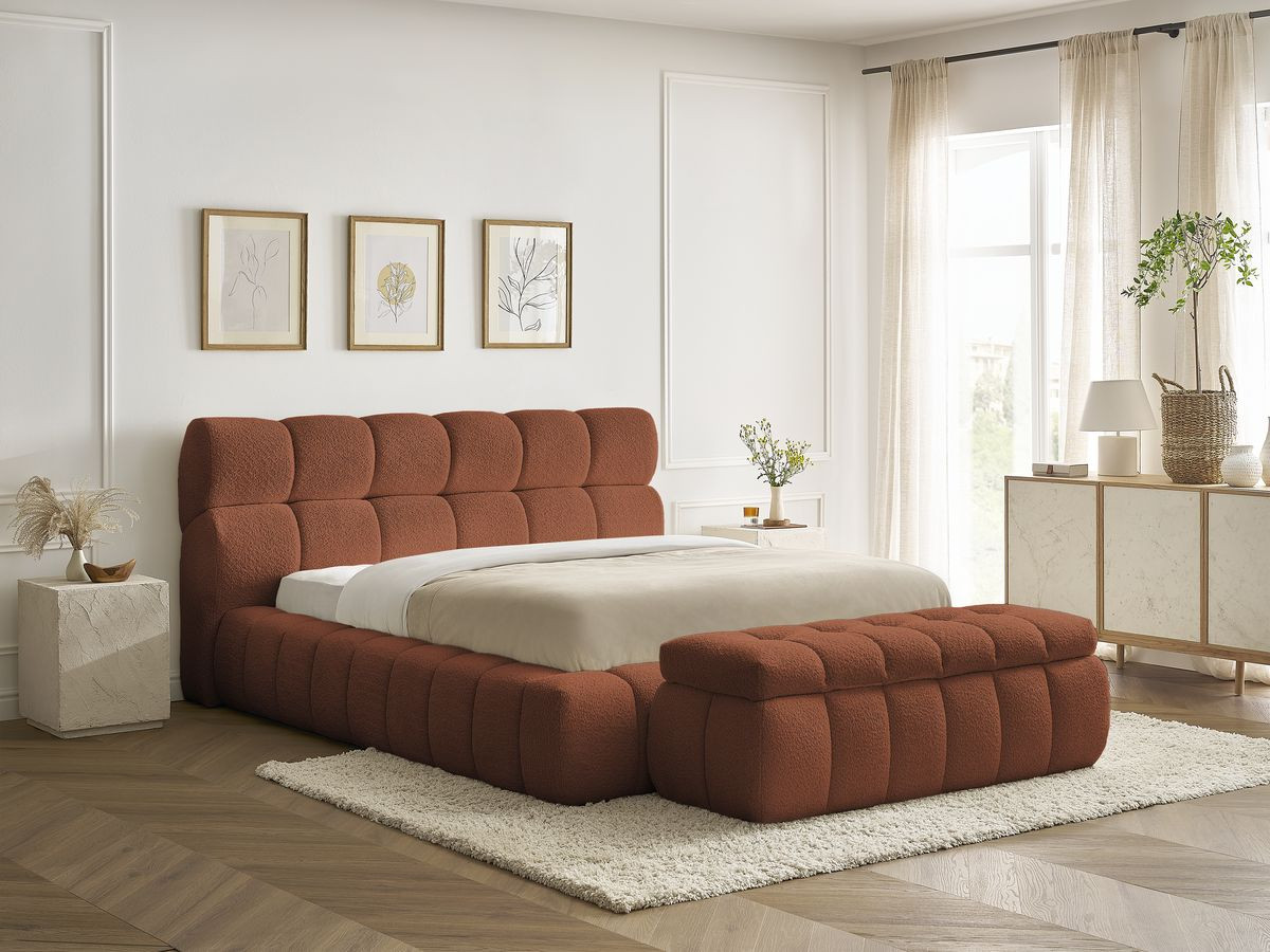 Bobochic Mont-blanc Polsterbett mit Bettkasten mit Bettbank Bouclé-Stoff Orange, Liegefläche 160 × 200 cm