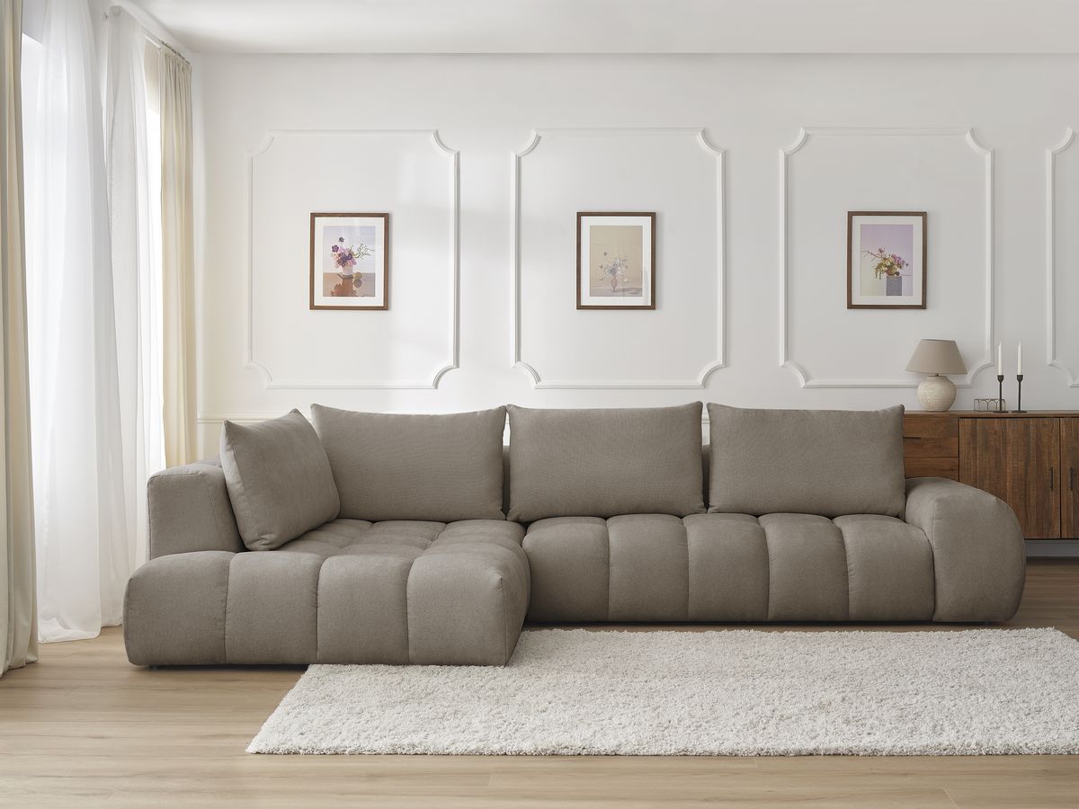 Bobochic Everest Ecksofa, 4 Kissen Strukturstoff Taupe Ecke links
