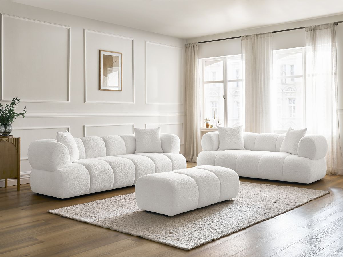 Bobochic Pamira Sofa 5-Sitzer mit Pouf Bouclé-Stoff Weiß