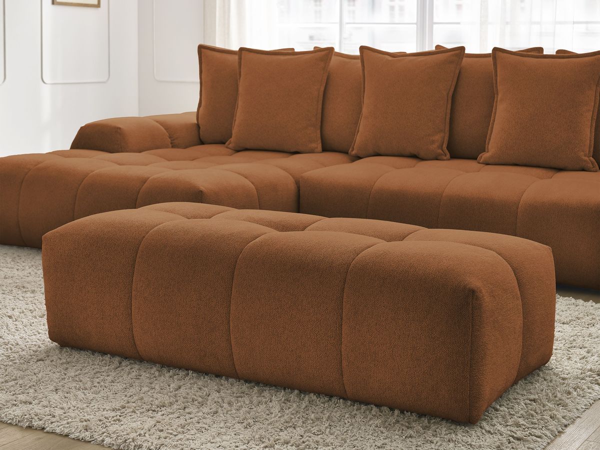 Bobochic Everest Ecksofa mit Schlaffunktion und Bettkasten und Pouf 318 × 180 cm, 7 Kissen Melange-Stoff Orange Ecke links