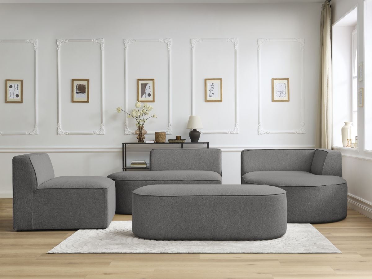 Bobochic Rousseau Ecksofa mit Sofamodul und Pouf Melange-Stoff Dunkelgrau Ecke rechts