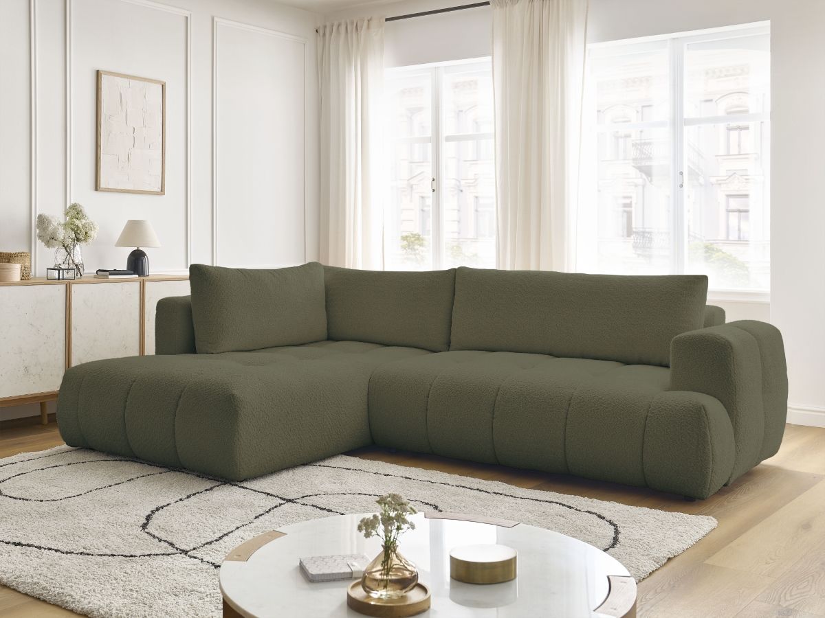 Bobochic Fuji Ecksofa mit Schlaffunktion und Bettkasten 282 × 204 cm Bouclé-Stoff Grün Ecke links