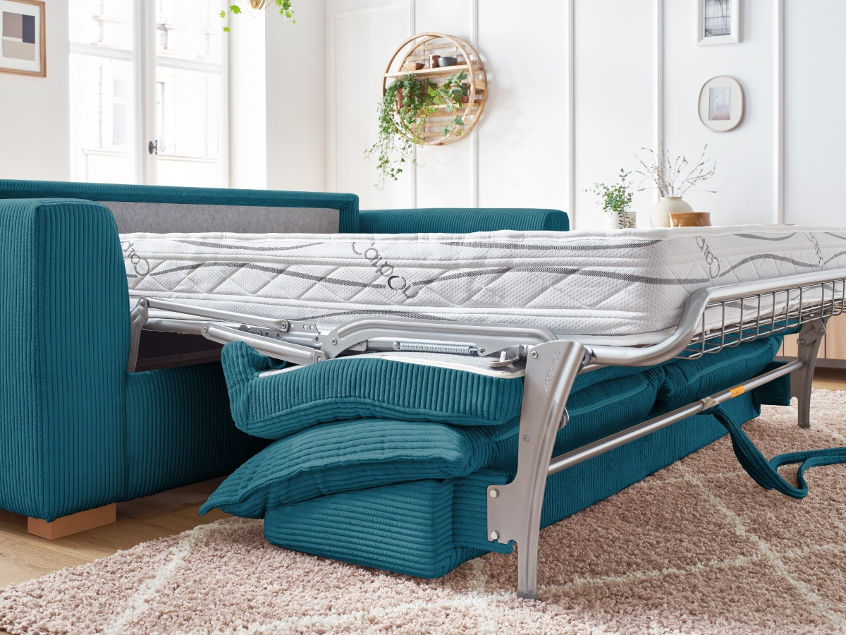 Bobochic Augustin Schlafsofa 3-Sitzer Cordsamt Hellblau, Liegefläche 140 × 200 cm