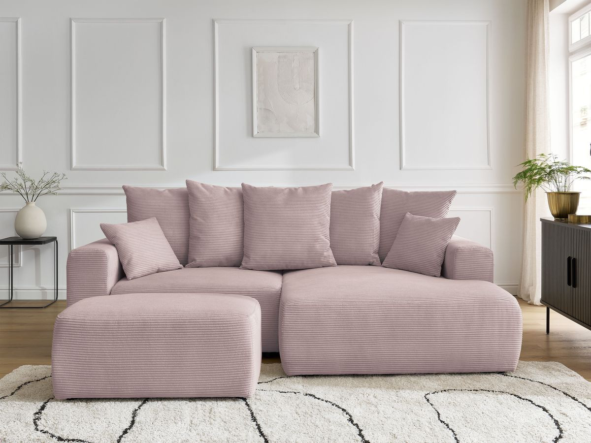 Bobochic Atilla Ecksofa mit Schlaffunktion und Bettkasten und Pouf Cordsamt Violett Ecke rechts