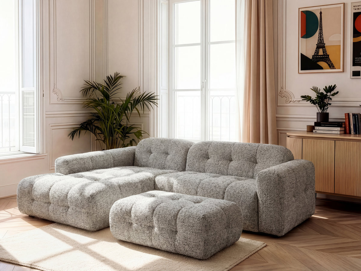 Bobochic Laura Ecksofa mit großem Pouf Melange-Stoff Taupe Ecke links