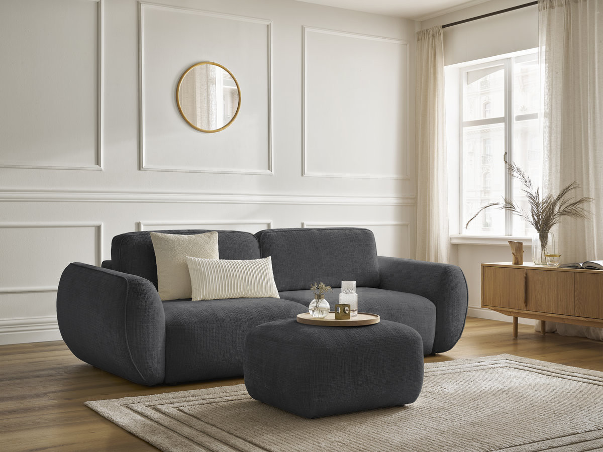 Bobochic Denise Schlafsofa 3-Sitzer mit Bettkasten und Pouf Strukturstoff Schwarz