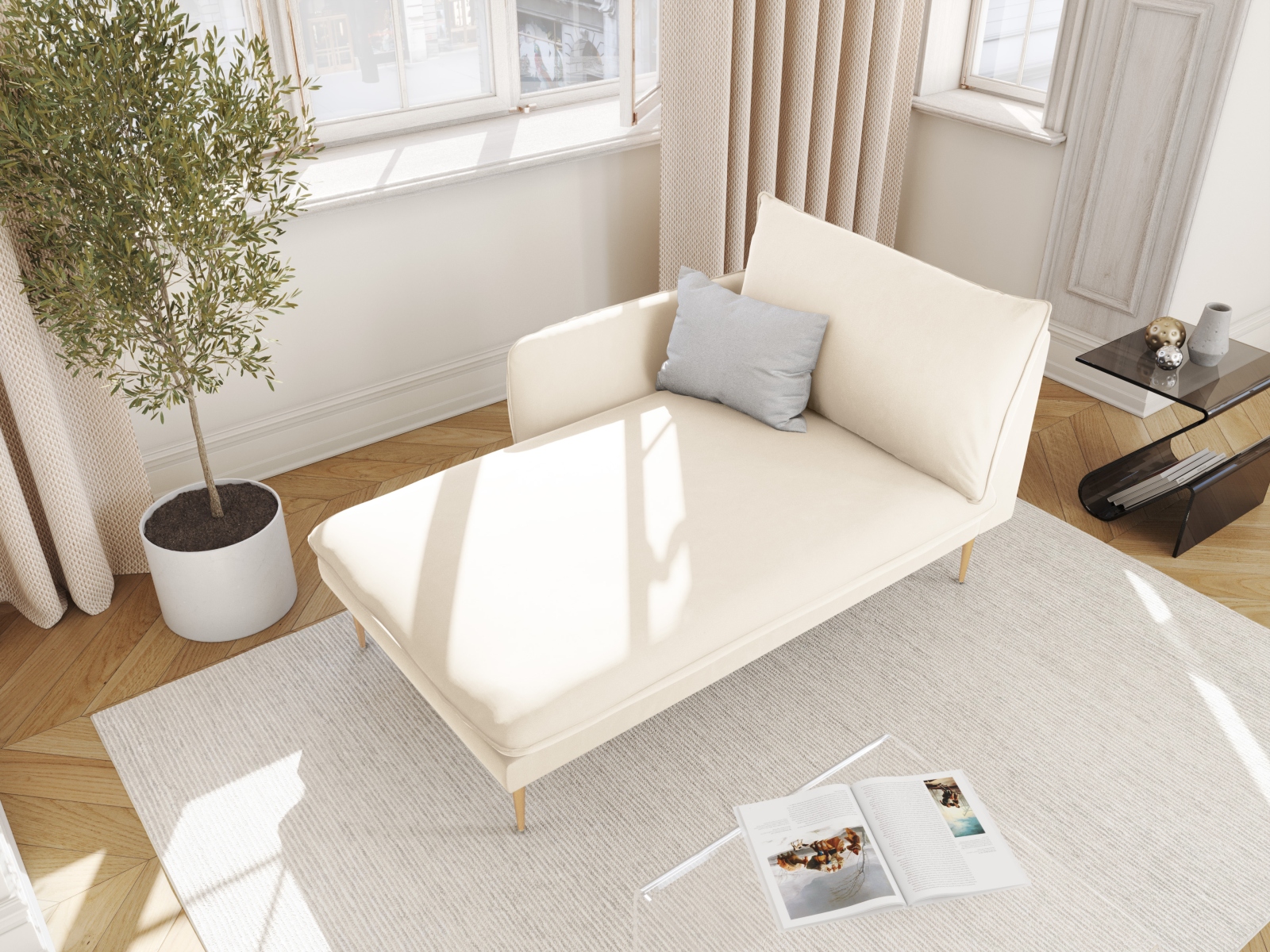 Cosmopolitan Design Chaiselongue Vienna Samt Bluvel Helles Beige Links Beine Gold