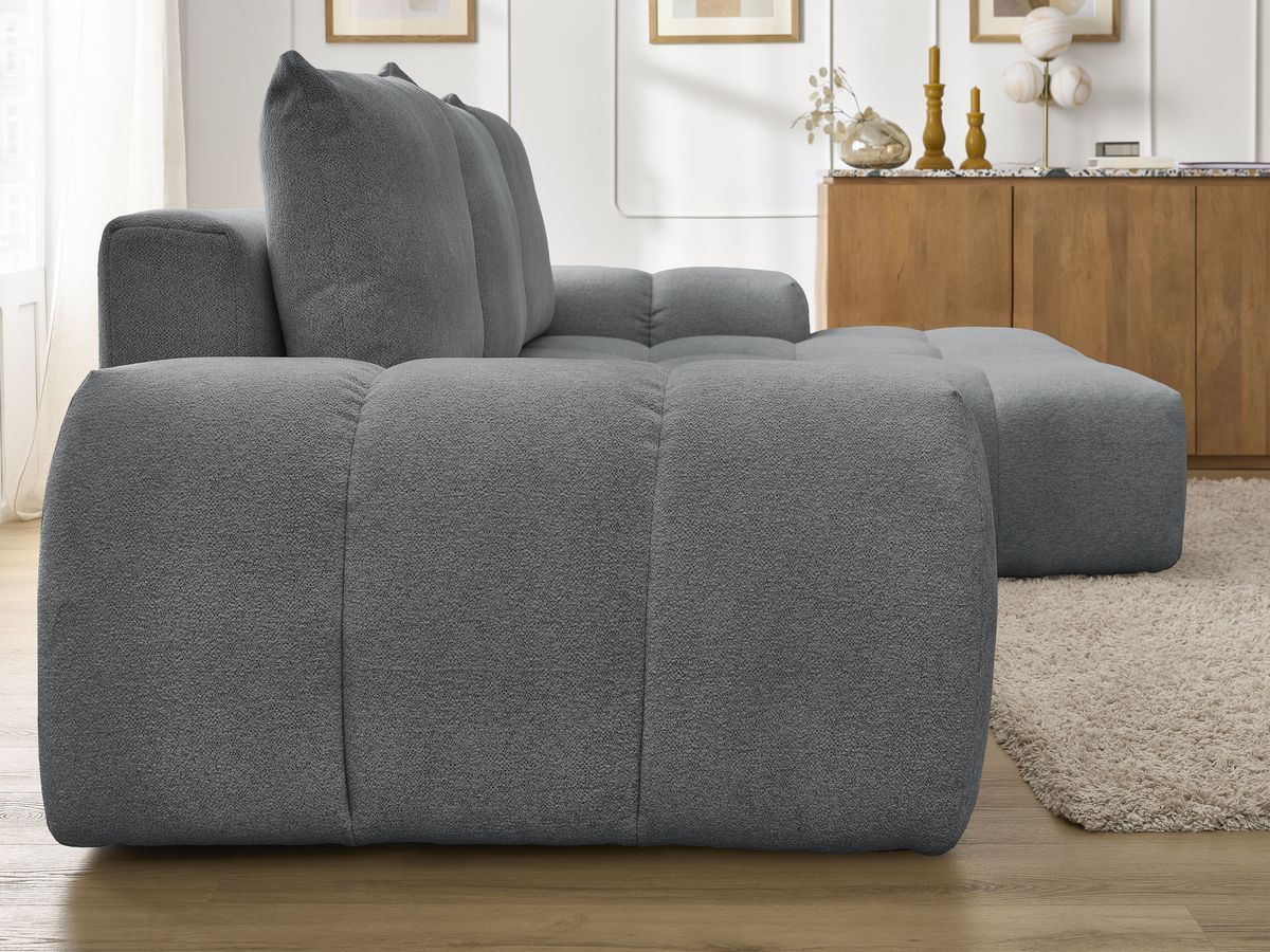 Bobochic Everest Ecksofa mit Schlaffunktion und Bettkasten 318 × 180 cm, 3 Kissen Melange-Stoff Dunkelgrau Ecke rechts