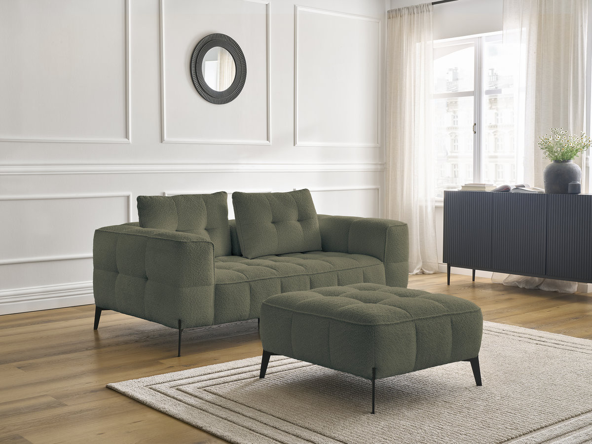 Bobochic Anis Sofa 2-Sitzer mit Pouf Bouclé-Stoff Grün