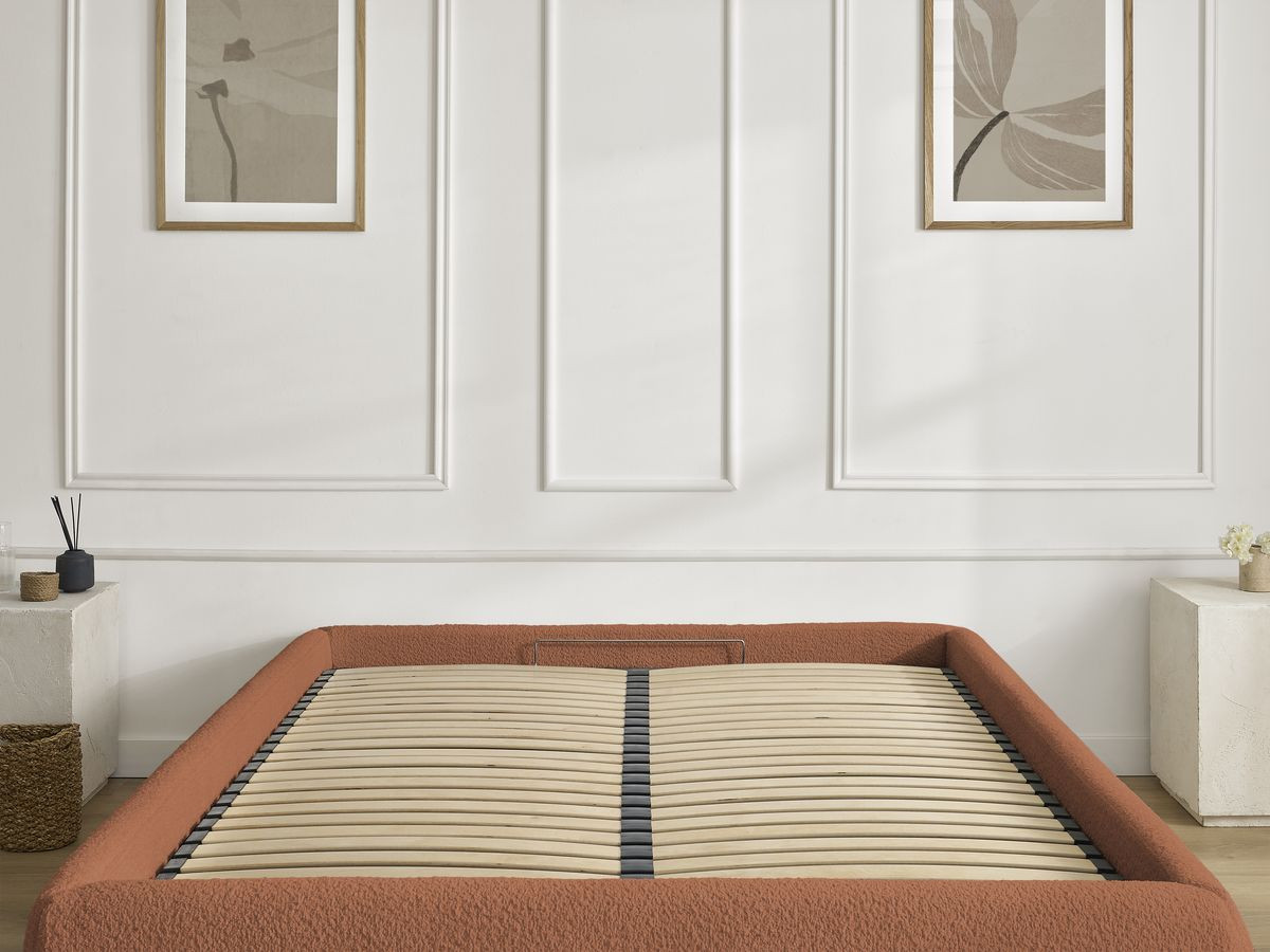 Bobochic Inera Bettgestell mit Bettkasten, ohne Kopfteil Bouclé-Stoff Orange, Liegefläche 140 × 190 cm