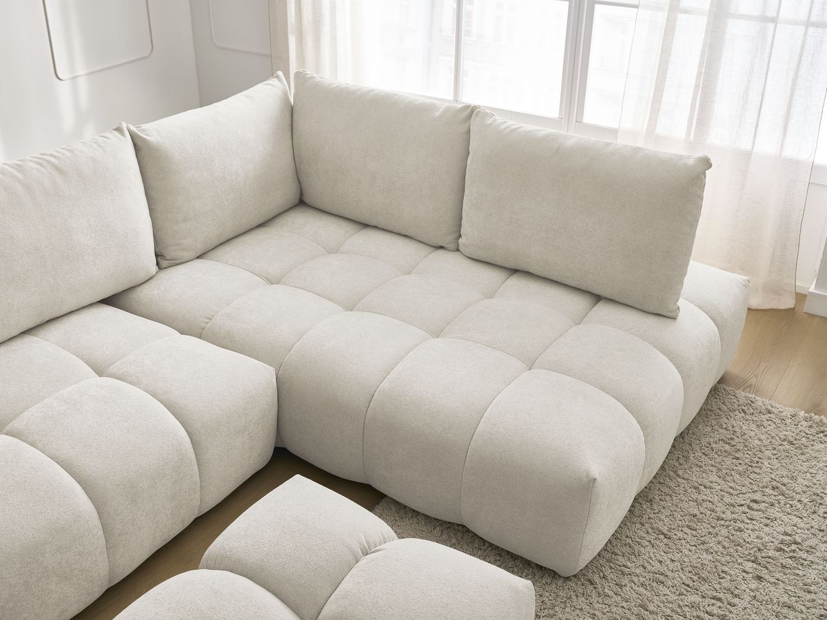 Bobochic Everest Ecksofa mit Schlaffunktion und Bettkasten und Pouf 320 × 212 cm, 5 Kissen Strukturstoff Beige Ecke rechts