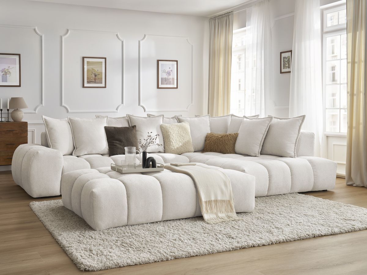 Bobochic Everest Ecksofa mit Schlaffunktion und Pouf, 10 Kissen Strukturstoff Weiß Ecke rechts