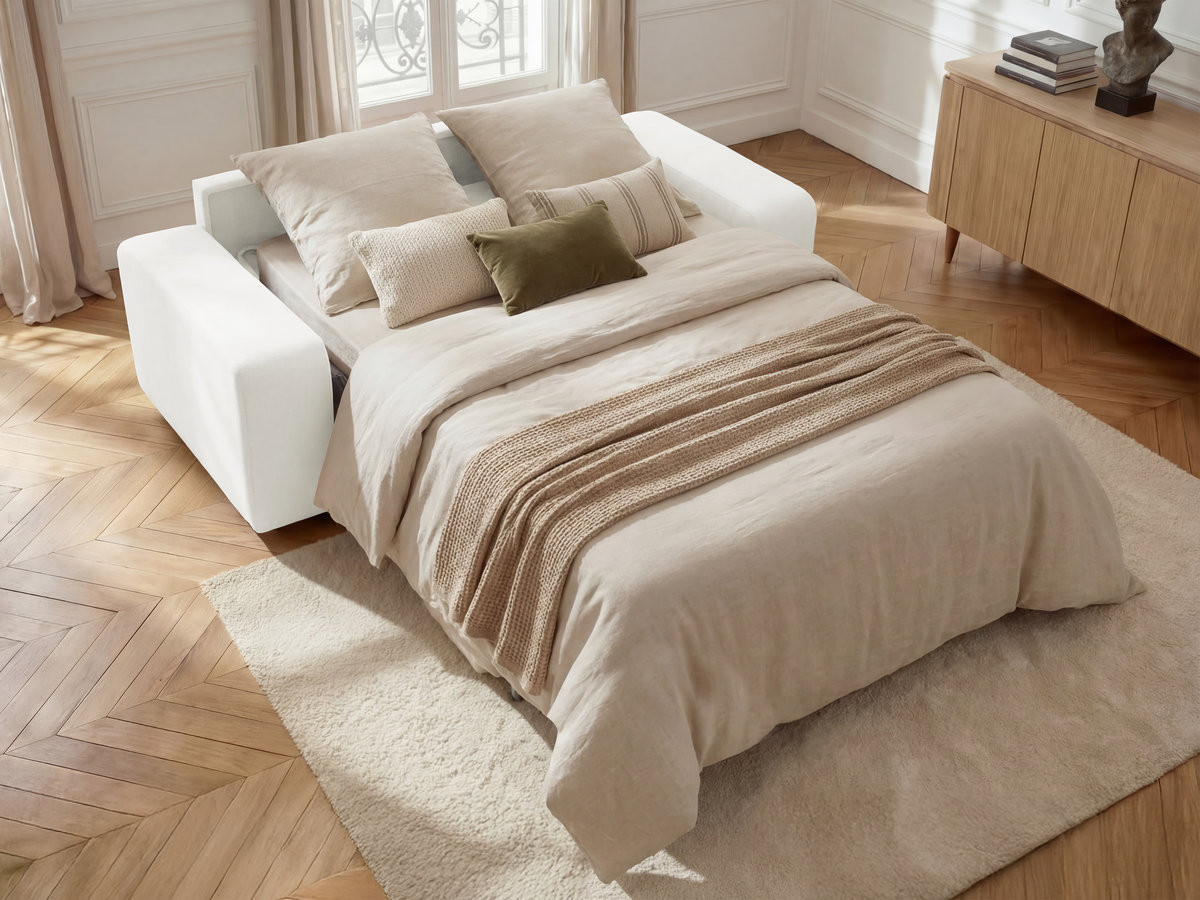 Bobochic Ibiza Schlafsofa 3-Sitzer Strukturstoff Weiß, Liegefläche 140 × 196 cm