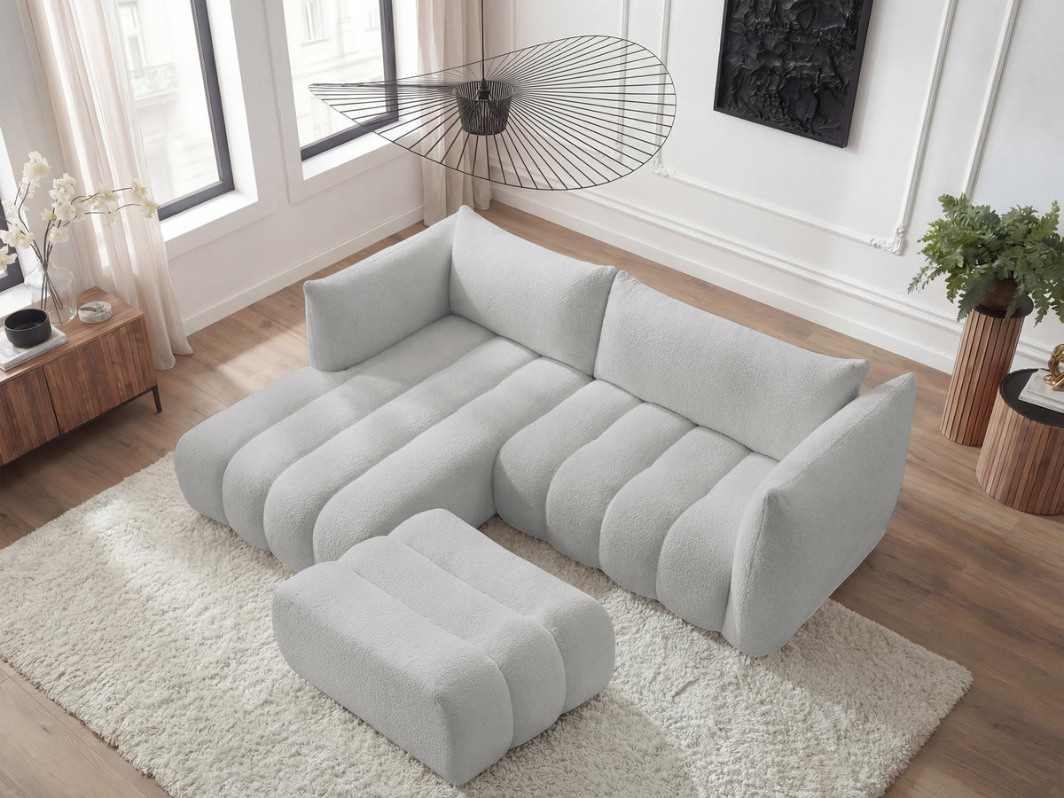 Bobochic Azra Ecksofa mit Pouf 262 × 178 cm Bouclé-Stoff Hellgrau Ecke links