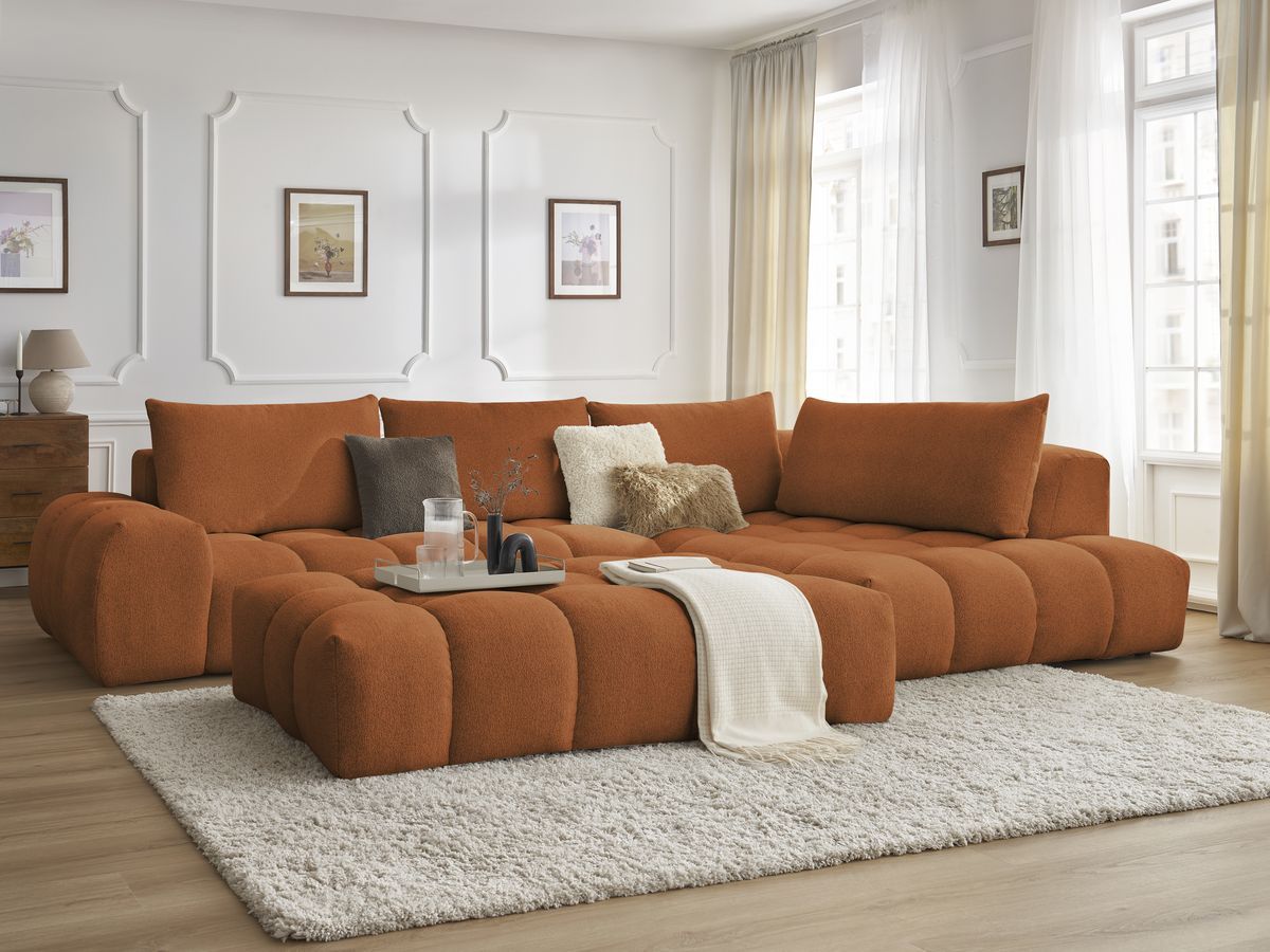 Bobochic Everest Ecksofa mit Schlaffunktion und Pouf, 4 Kissen Melange-Stoff Orange Ecke rechts