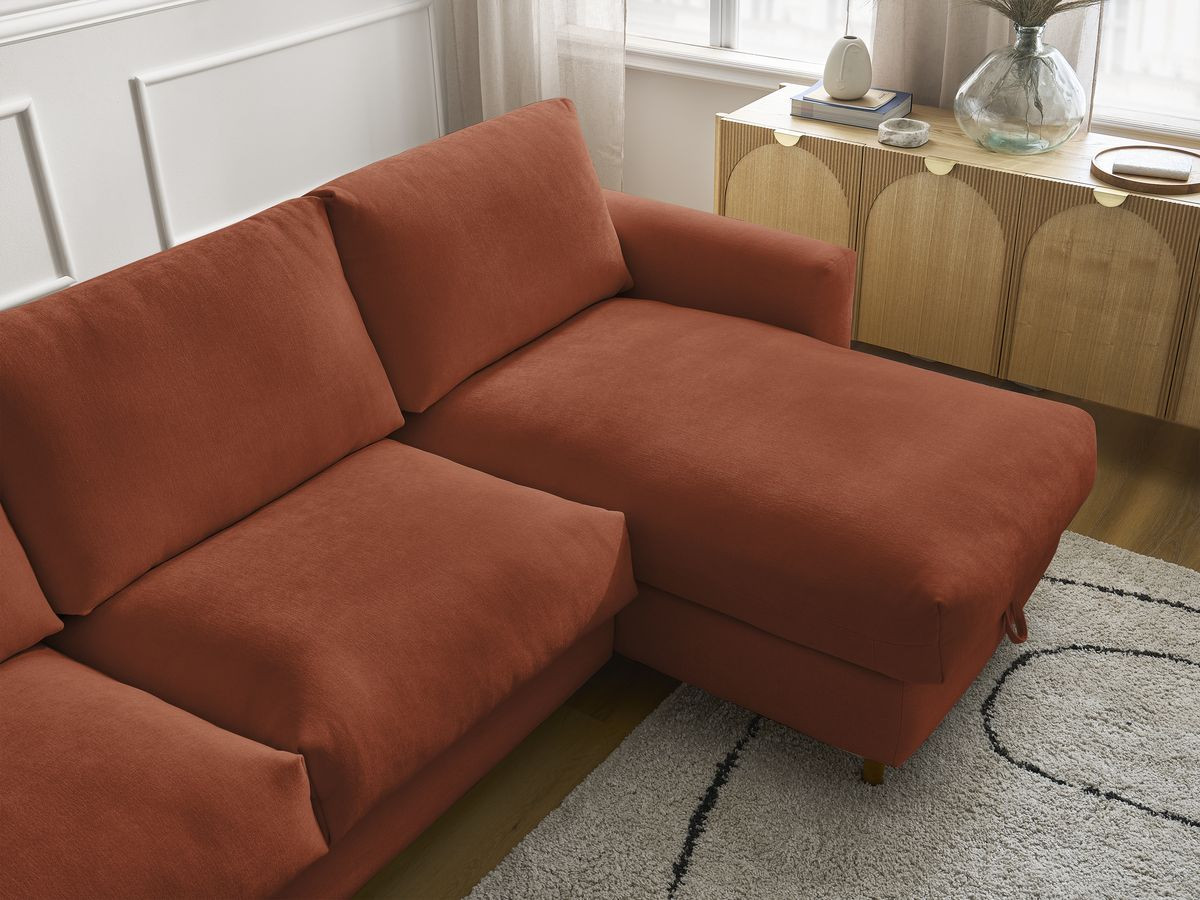 Bobochic Cocoone Ecksofa mit Schlaffunktion und Bettkasten Stoff Orange, Liegefläche 140 × 200 cm