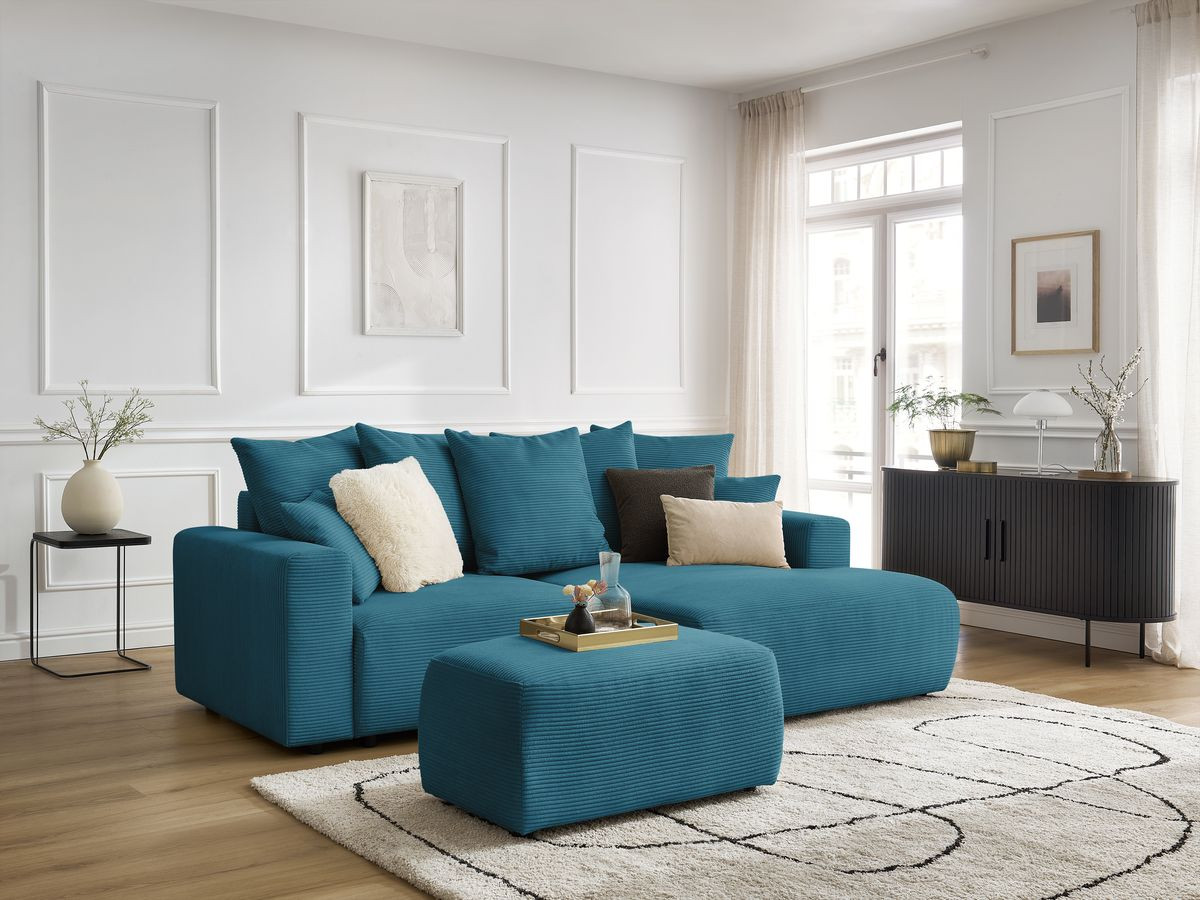 Bobochic Atilla Ecksofa mit Schlaffunktion und Bettkasten und Pouf Cordsamt Hellblau Ecke rechts