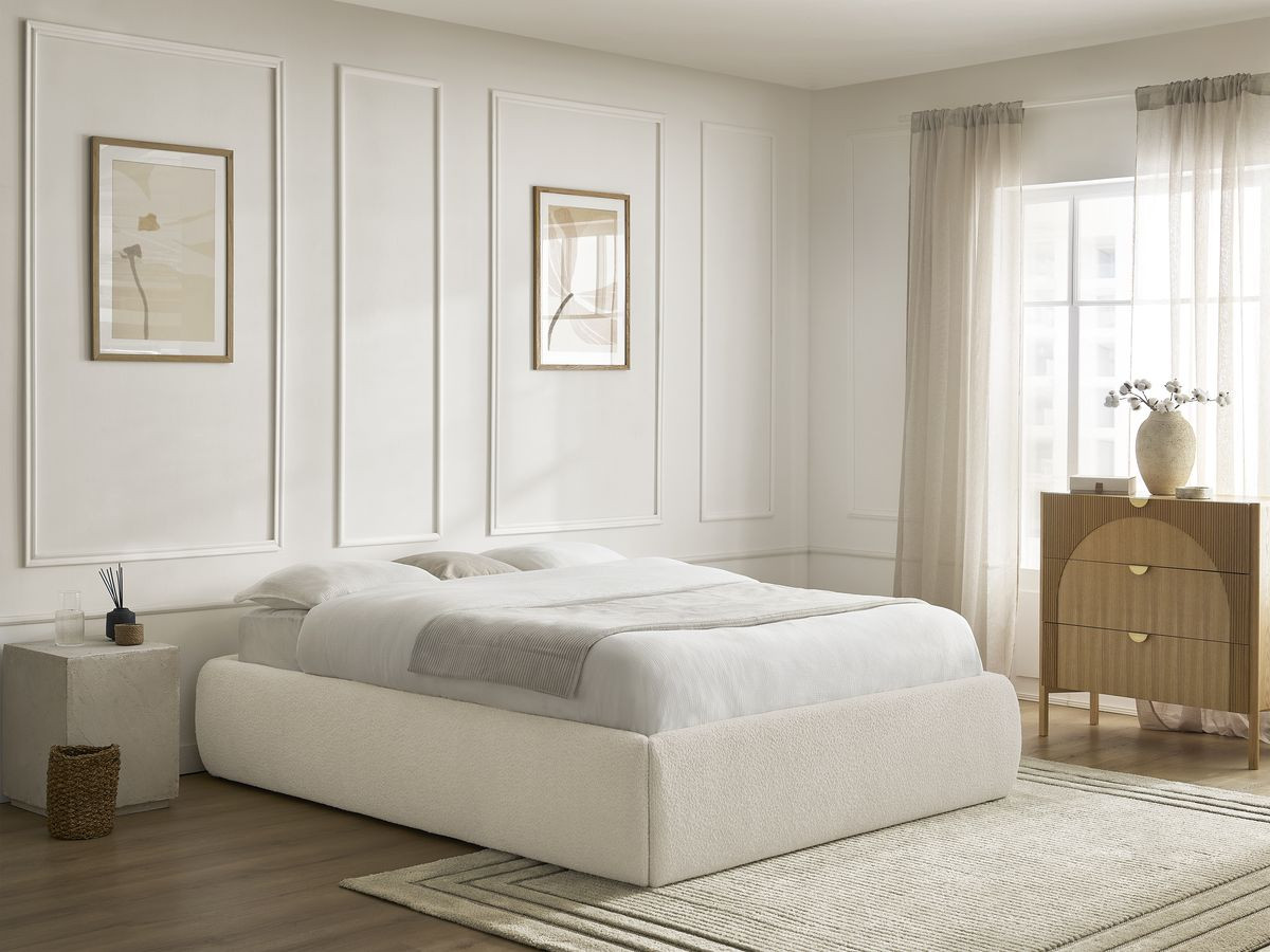 Bobochic Inera Bettgestell mit Bettkasten, ohne Kopfteil Bouclé-Stoff Beige, Liegefläche 140 × 190 cm