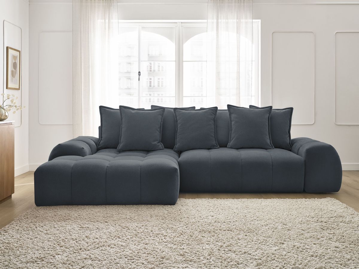 Bobochic Everest Ecksofa mit Schlaffunktion und Bettkasten 318 × 180 cm, 7 Kissen Strukturstoff Dunkelblau Ecke links
