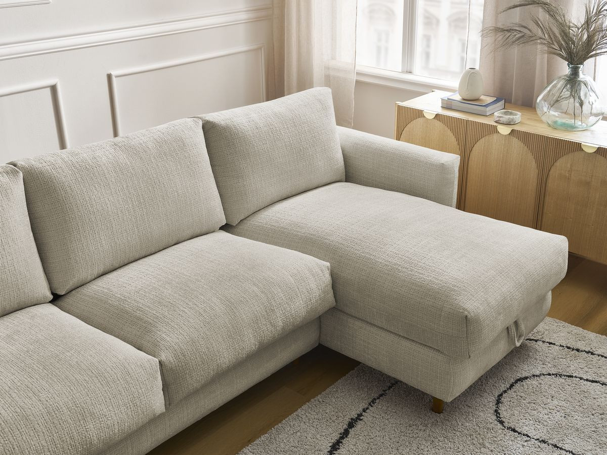 Bobochic Cocoone Ecksofa mit Schlaffunktion und Bettkasten Strukturstoff Beige, Liegefläche 160 × 200 cm