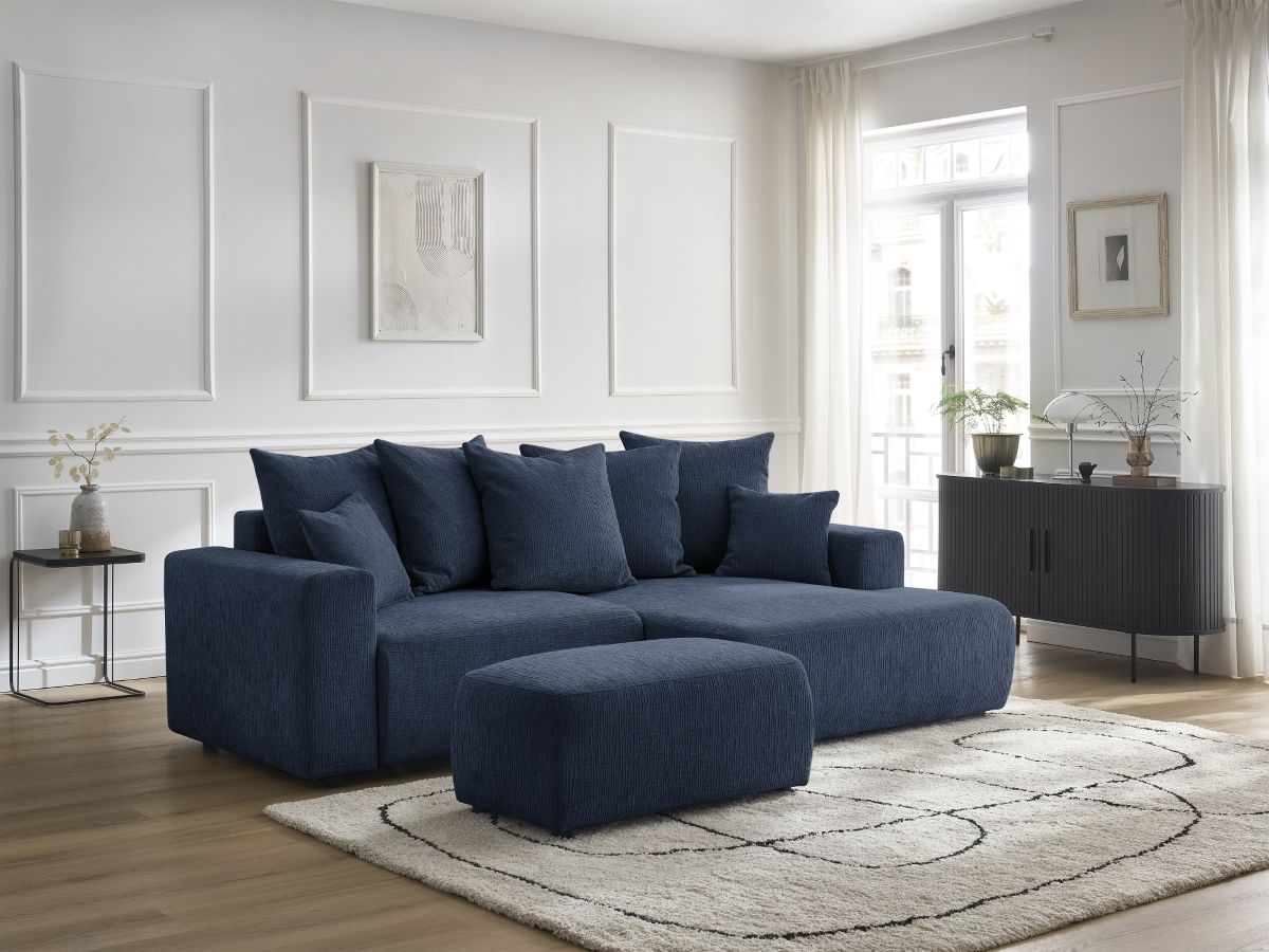 Bobochic Atilla Ecksofa mit Schlaffunktion und Bettkasten und Pouf Strukturstoff Dunkelblau Ecke rechts