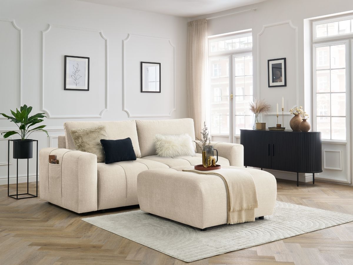 Bobochic Arsene Schlafsofa 4-Sitzer mit Bettkasten und Pouf Samt Beige