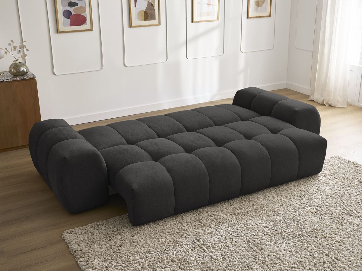 Bobochic Everest Schlafsofa 3-Sitzer mit Bettkasten, 5 Kissen Strukturstoff Schwarz