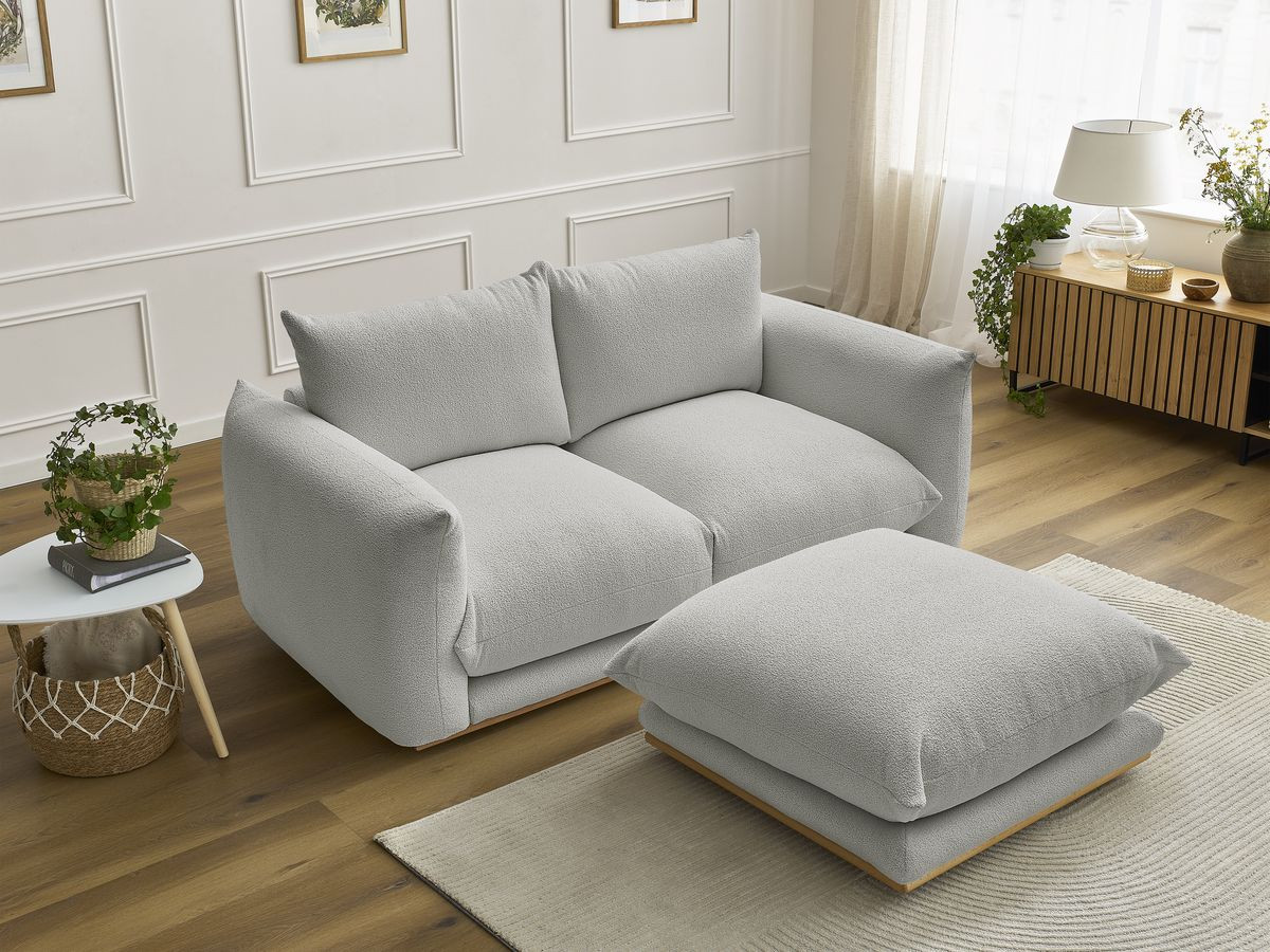Bobochic Ernest Sofa 3-Sitzer mit Pouf 193 × 106 cm Bouclé-Stoff Hellgrau