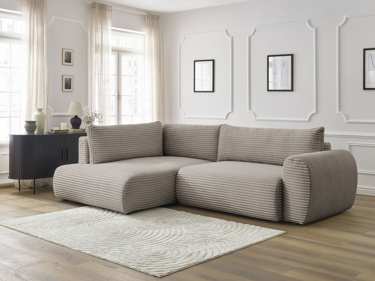 Bobochic Lucien Ecksofa mit Schlaffunktion und Bettkasten 296 × 198 cm Breitcord weich Taupe Ecke links