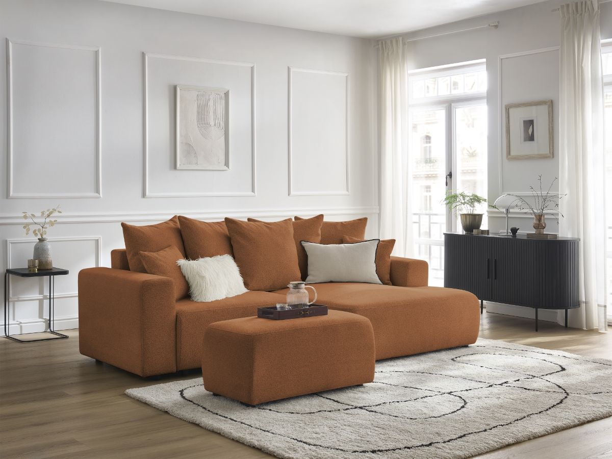 Bobochic Atilla Ecksofa mit Schlaffunktion und Bettkasten und Pouf Melange-Stoff Orange Ecke rechts