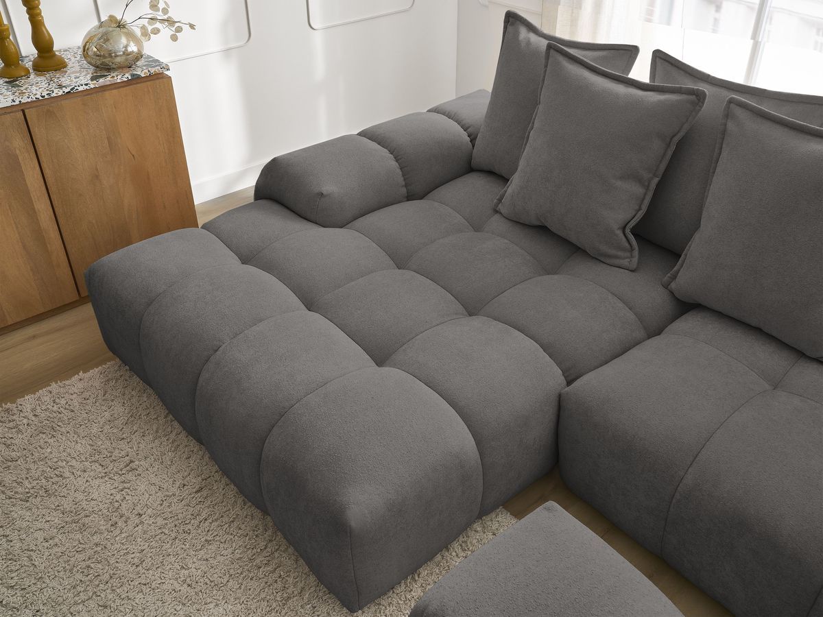 Bobochic Everest Ecksofa mit Schlaffunktion und Bettkasten und Pouf 318 × 180 cm, 7 Kissen Strukturstoff Dunkelgrau Ecke links