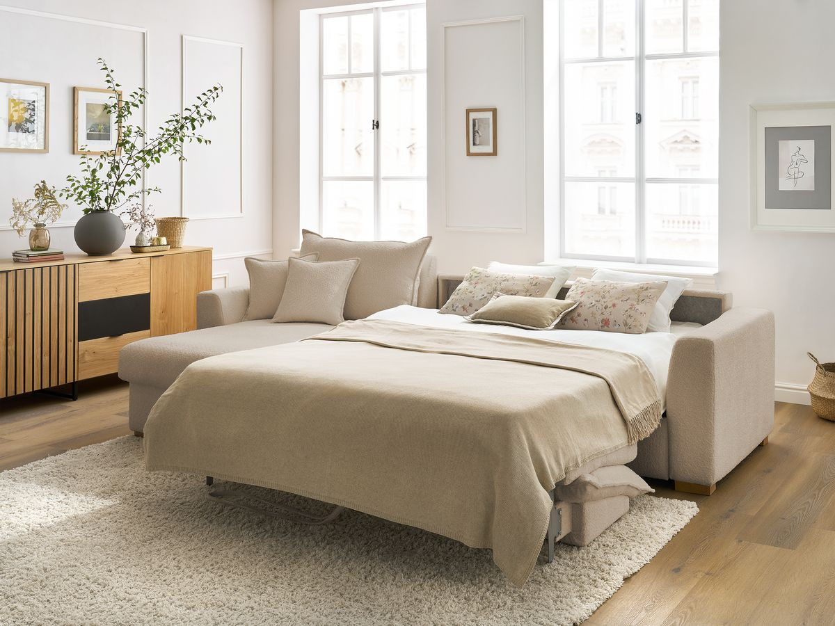 Bobochic Augustin Ecksofa mit Schlaffunktion und Bettkasten Bouclé-Stoff Beige, Liegefläche 140 × 200 cm