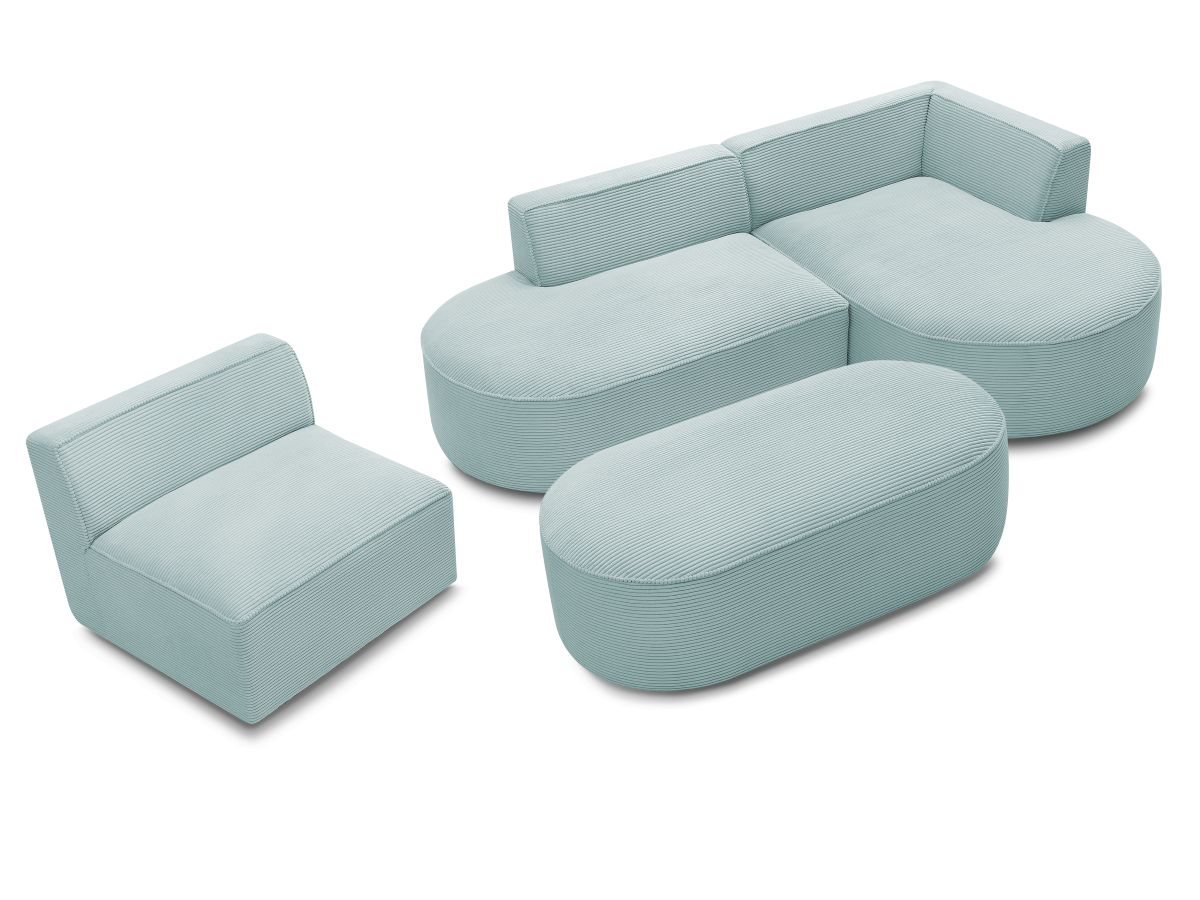 Bobochic Rousseau Ecksofa mit Sofamodul und Pouf Cordsamt Hellblau Ecke rechts