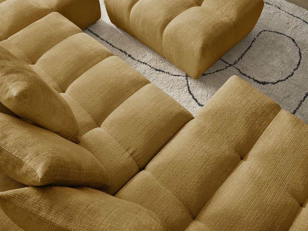 Bobochic Anakin Wohnlandschaft mit Pouf, Liegefläche 137 × 382 cm, 10 Kissen Strukturstoff Gelb