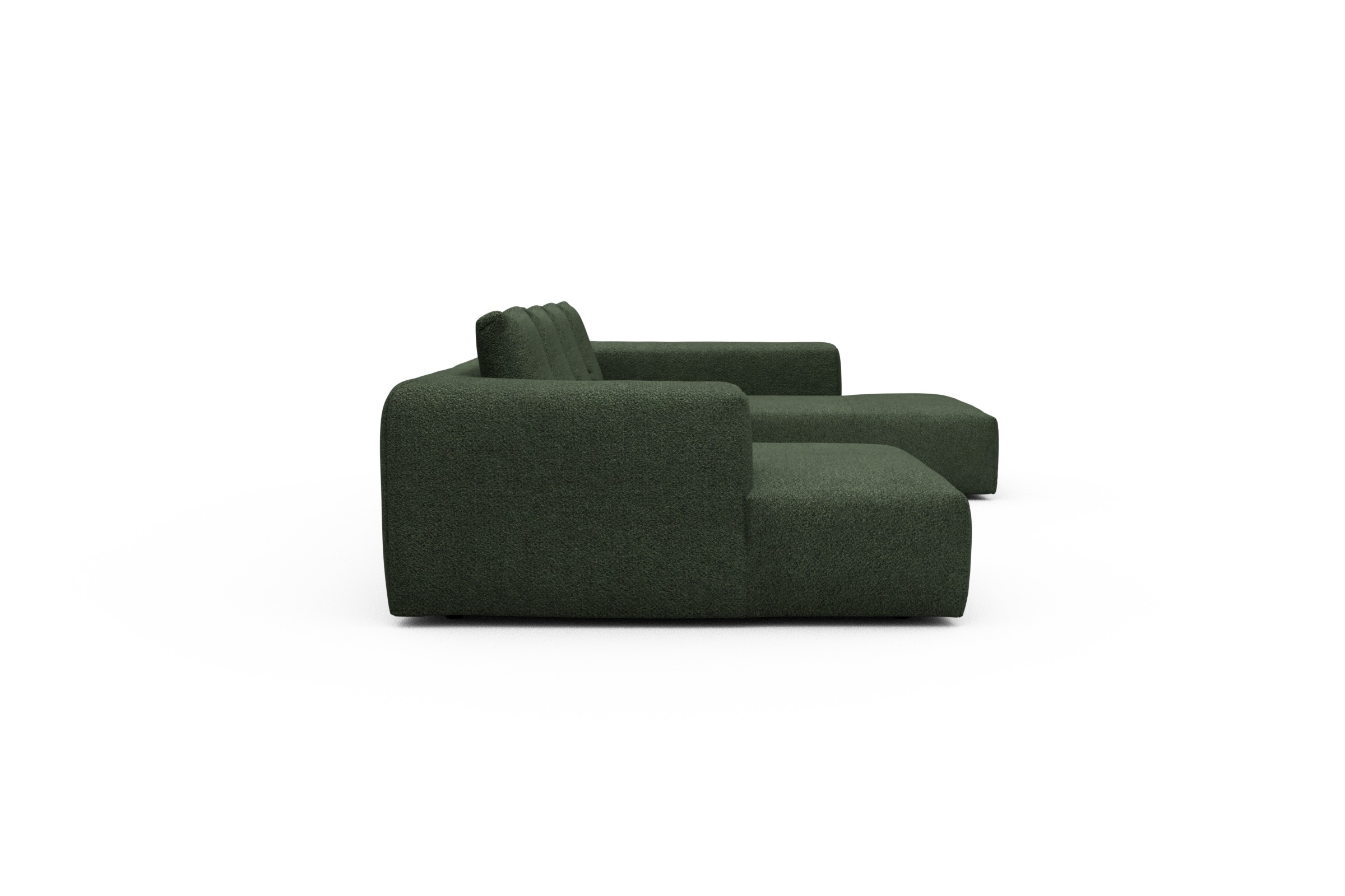 Wohnlandschaft Fred Relax-Ecke rechts mit 2-Sitzer und Chaiselongue links Boucle Vanora 869-Deep-Green