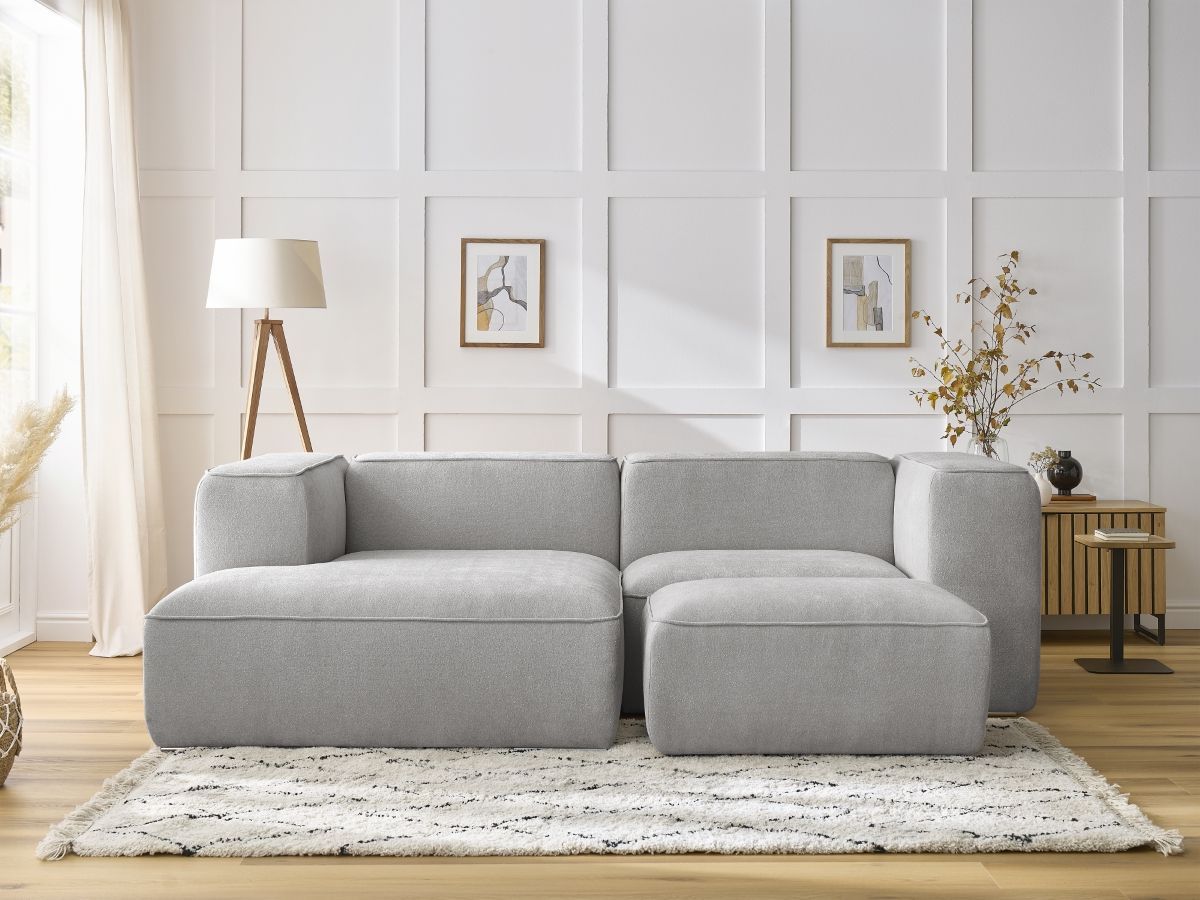 Bobochic Zephyr Ecksofa mit Pouf 260 × 165 cm Strukturstoff Hellgrau Ecke links