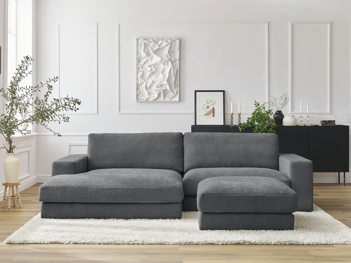 Bobochic Leonard Ecksofa mit Pouf 274 × 159 cm Strukturstoff Dunkelgrau Ecke links